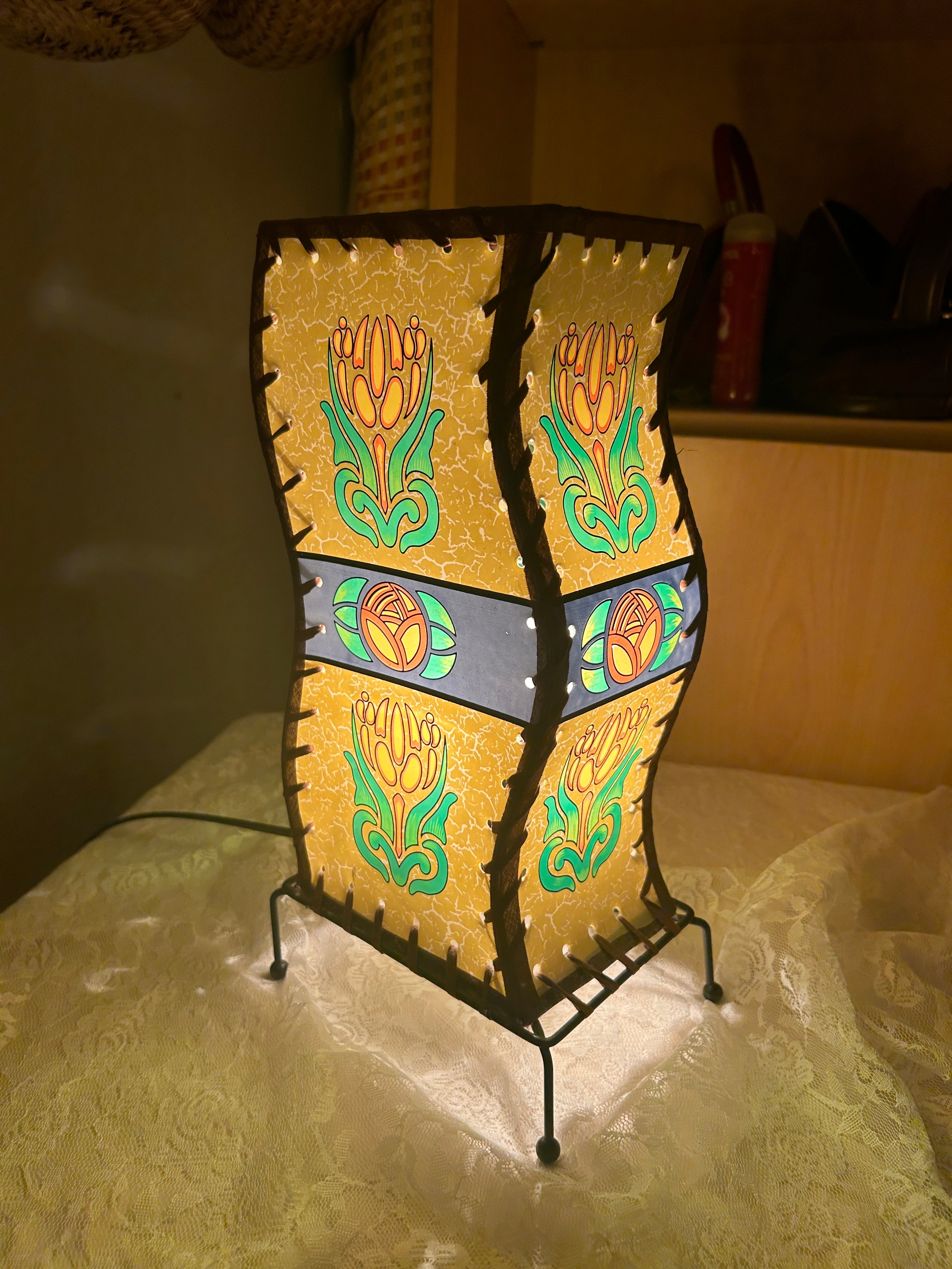 Vintage Art Nouveau Curved Leather-Laced Table Lamp • Circa 1980s